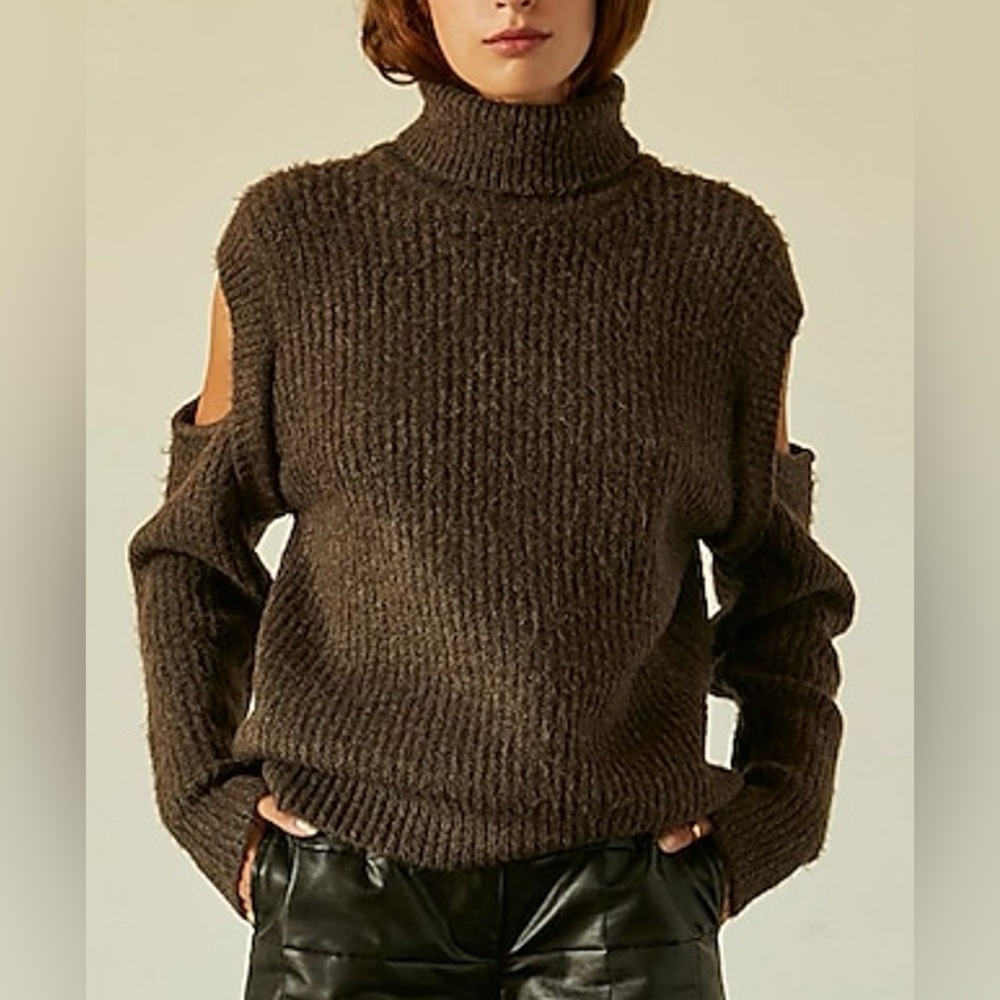 Crescent Dark Brown Turtleneck Cold-Shoulder Sweater